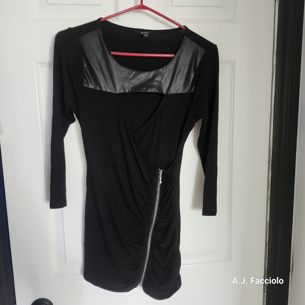 Guess Black Long Sleeve Dress with Leather Accents